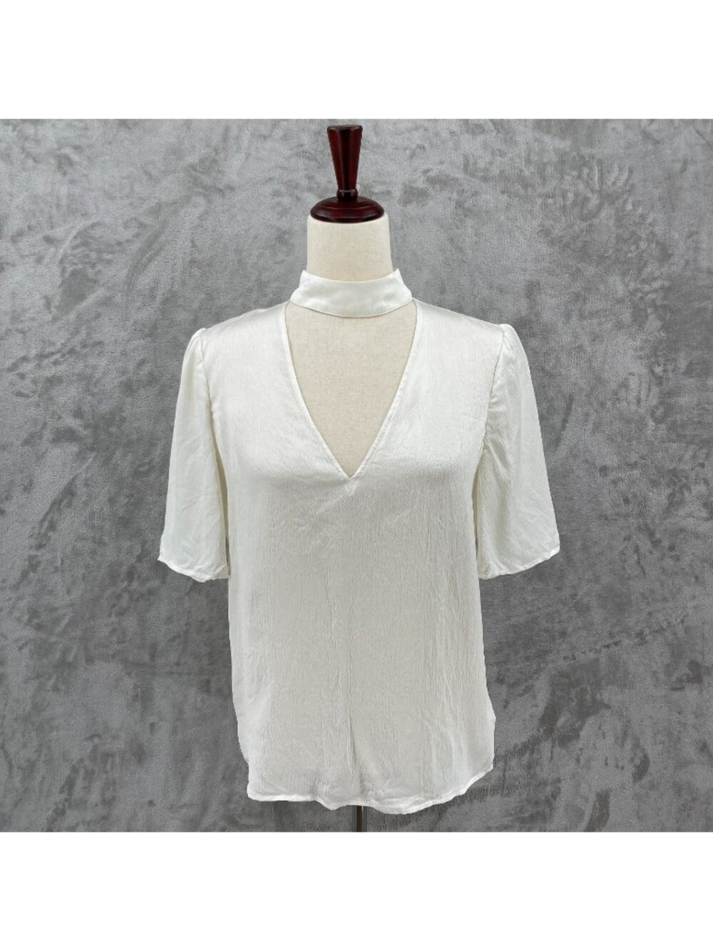 Paige Cateline Cream Textured Silk Double V-neck Choker Blouse Top